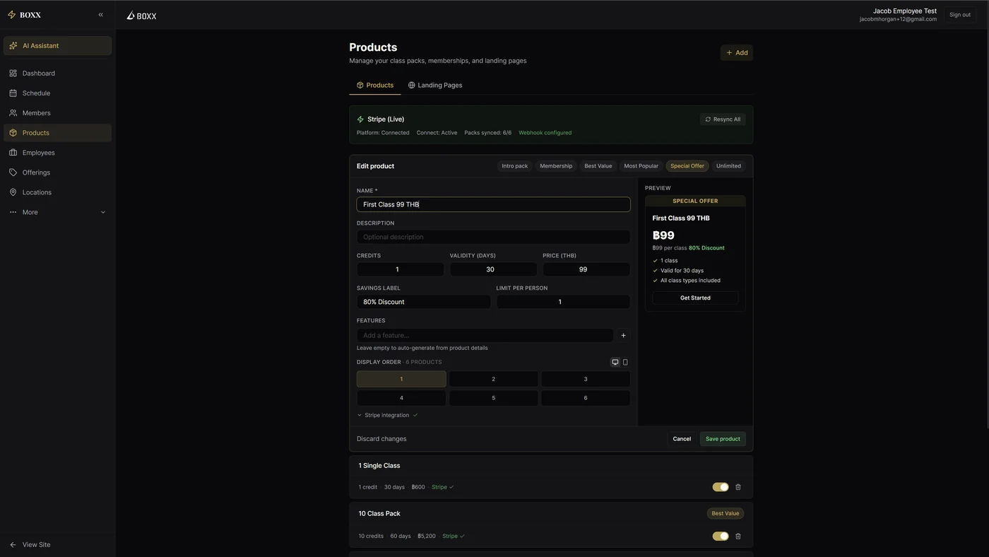 Zatrovo admin panel showing BOXX class pack products