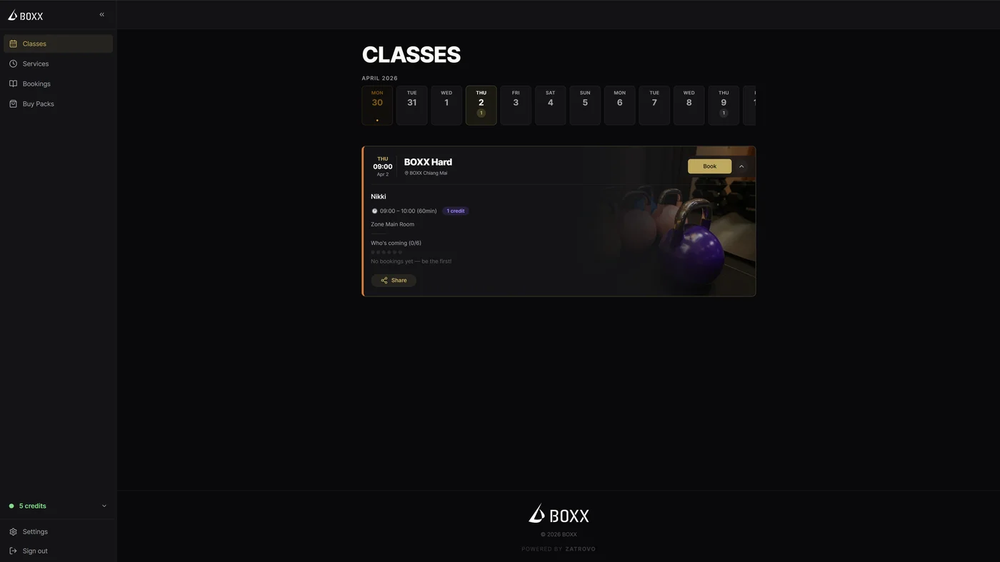 Zatrovo booking interface showing BOXX class schedule