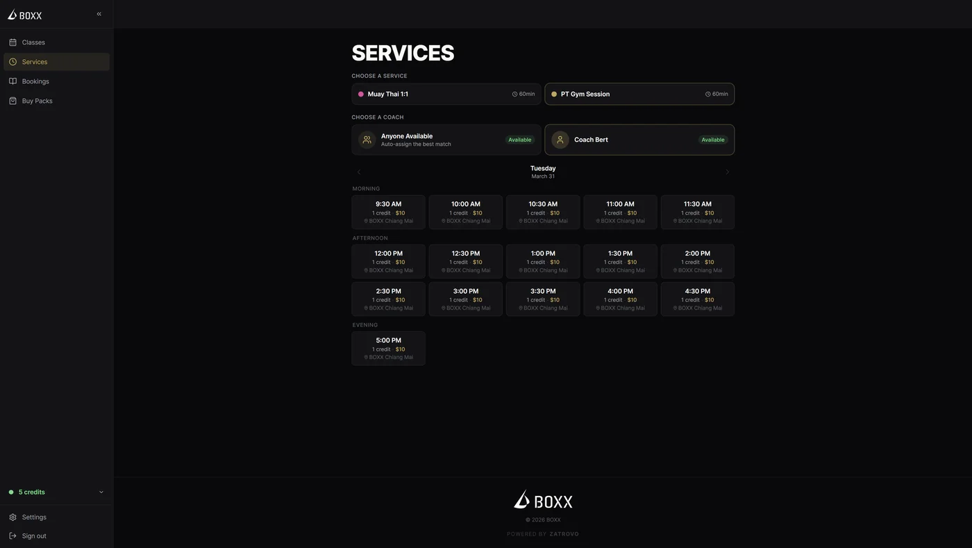 Zatrovo service booking with coach selection and time slots